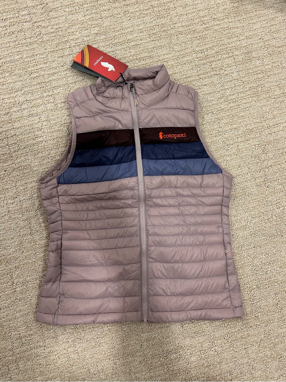 New Cotopaxi Women’s Fuego Quartz Stripes Lavendar Down Packable Vest.